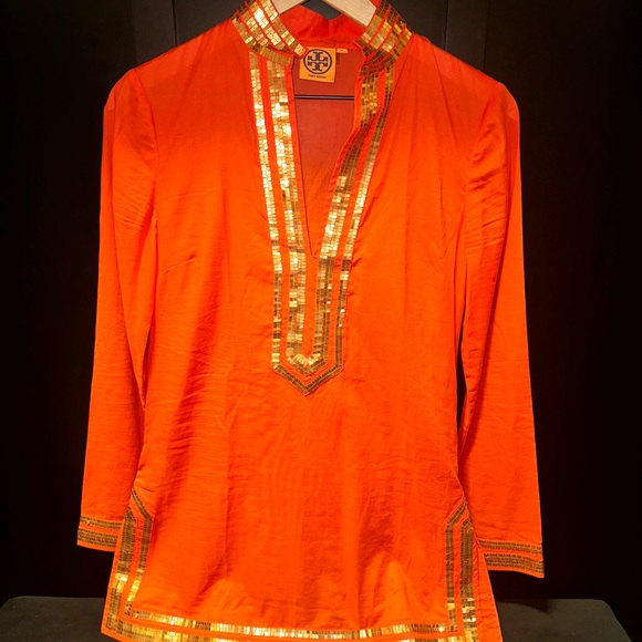 Tory Burch Vibrant Orange Tunic with Gold Accents - Picture 1 of 4